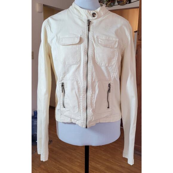 BB DAKOTA Womens Short Jacket Sz L Denim Cream Zippers 4 Pockets Fitted Grunge - Picture 2 of 10